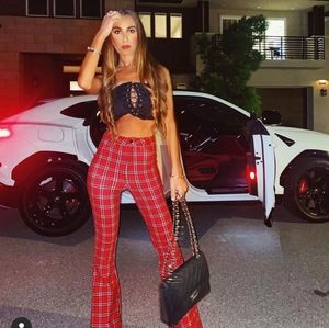 Red plaid flare pants w/ top